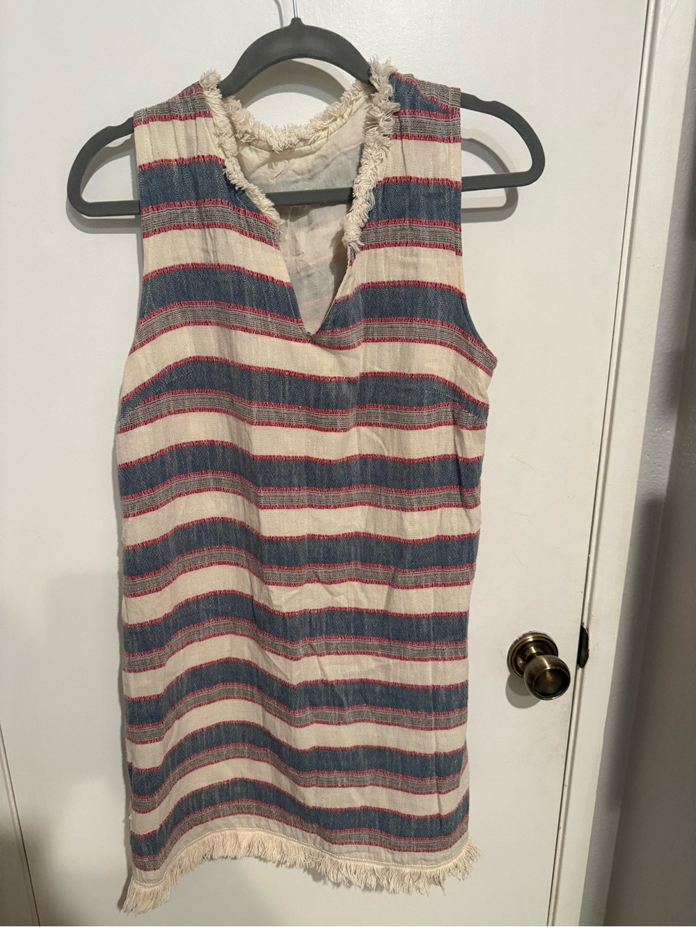 Striped Fringe Sleeveless Mini Dress in Cream and Blue